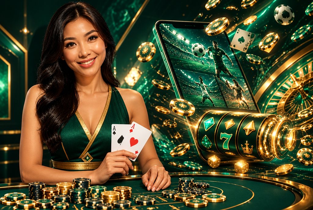 Meja live casino BOSSMAHJONG dengan kartu dan chip